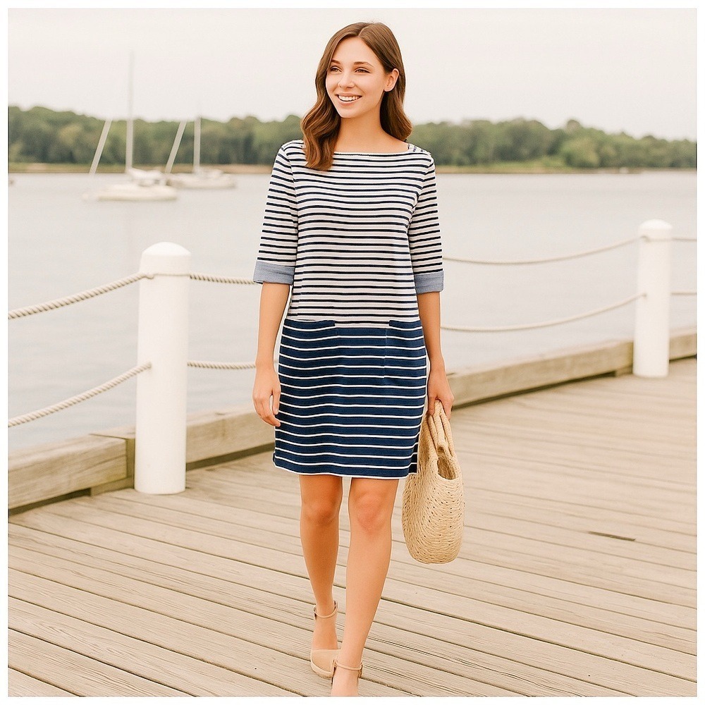 Joules Nautical Stripe Shift Dress Pockets Blue White Cotton Coastal Styles